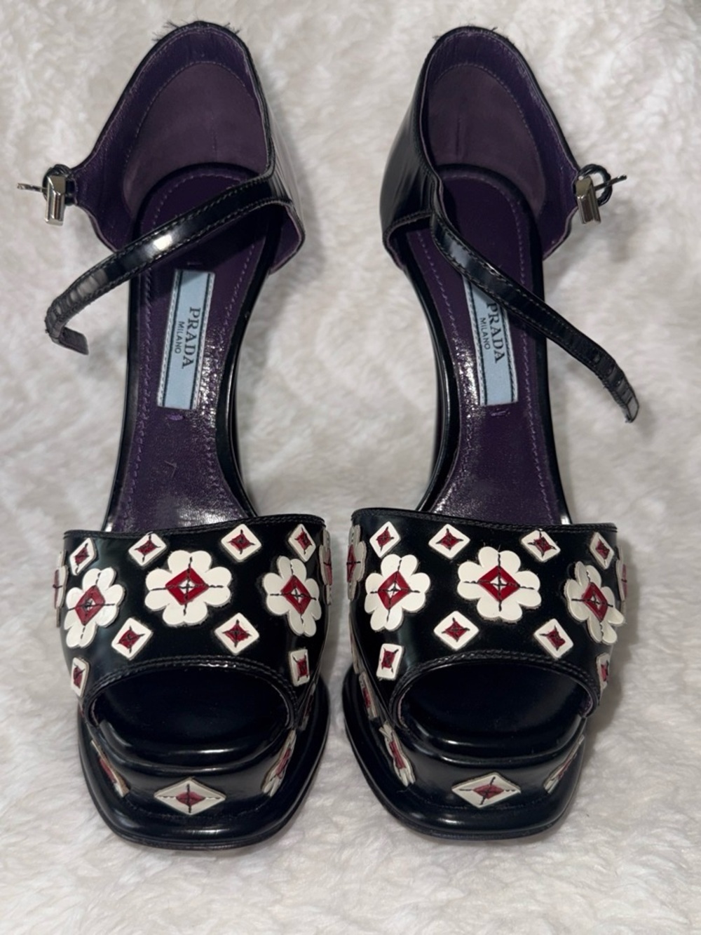 Prada Black Patent Platform Heels with White & Red Floral Appliqué - Picture 5 of 9